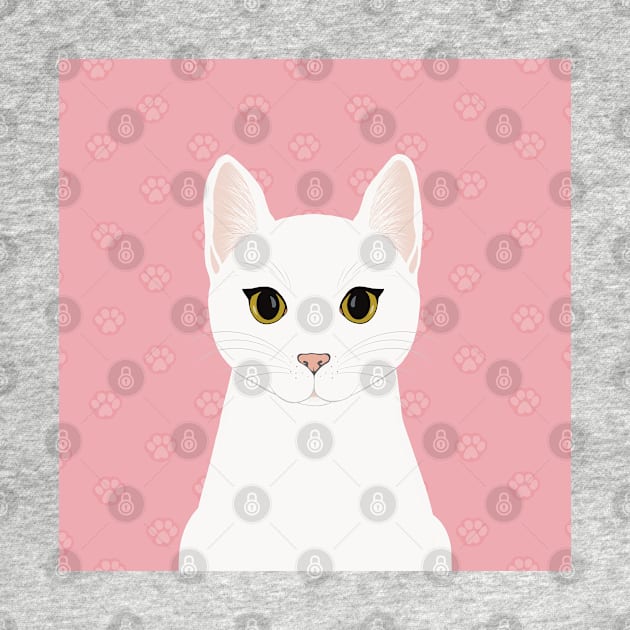 The cute white cat queen is watching you , white feathers and small kitten footsteps in the pink background by marina63